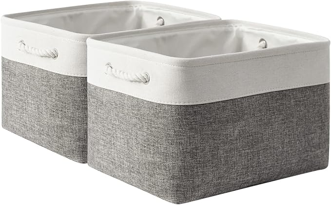 Storage Basket for Shelves - 17X15X12 inch 2 Pack Fabric Cube Storage Bin Collapsible Baskets for Organizing with Rope, Storage Box for Cloth Decorative (White & Grey)