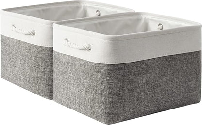 Storage Basket for Shelves - 17X15X12 inch 2 Pack Fabric Cube Storage Bin Collapsible Baskets for Organizing with Rope, Storage Box for Cloth Decorative (White & Grey)