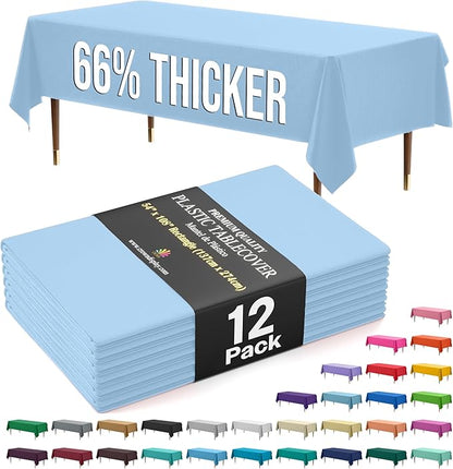 Party Solids 66% Thicker Premium Plastic Table Cloth Rectangle Table Cover 0.5 Mil 12 Pack Light Blue Table Cloth 54 Inch x 108 Inch Disposable Tablecloth Won't Tear Easily Like Cheap Thin Brands