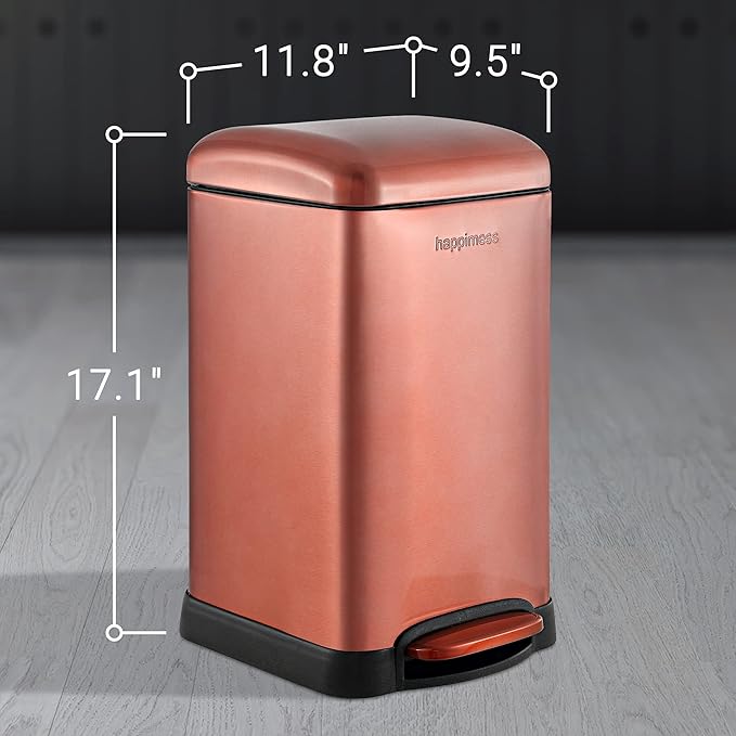 happimess HPM1012D Betty Retro Mini 3.2-Gallon Step-Open Trash Can with Soft-Close Lid, Modern, Minimalistic, Fingerprint Proof for Home, Kitchen, Laundry Room, Office, Bedroom, Bathroom, Rose Gold