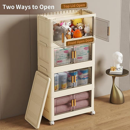 4 Tier Stackable Plastic Storage Bins with Lids 58QT, Collapsible Closet Organizers and Storage with Wheels for Living Room,Office,Dorm