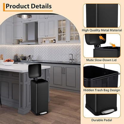 TrailBlaze 8Gallon / 30l Kitchen Trash Can, Stainless Steel Rectangular Pedal Recycle Bin with Soft-Close Lid, Removable Inner Bucket, Fingerprint-Proof, Step Trash Can for Home, Kitchen