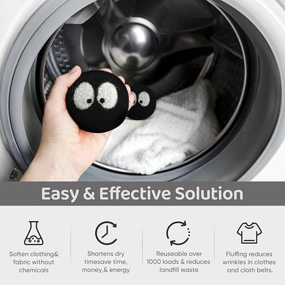 Wool Dryer Balls 6 Pack, Natural Fabric Softener, Dryer Balls Laundry Reusable, Reduces Clothing Wrinkles and Saves Drying Time (Black)