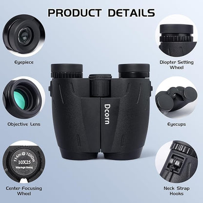 10x25 Binoculars for Adults and Kids, Compact Travel Binoculars for Bird Watching, Survival Gear for Outdoor Hunting Hiking, or Theater and Concerts