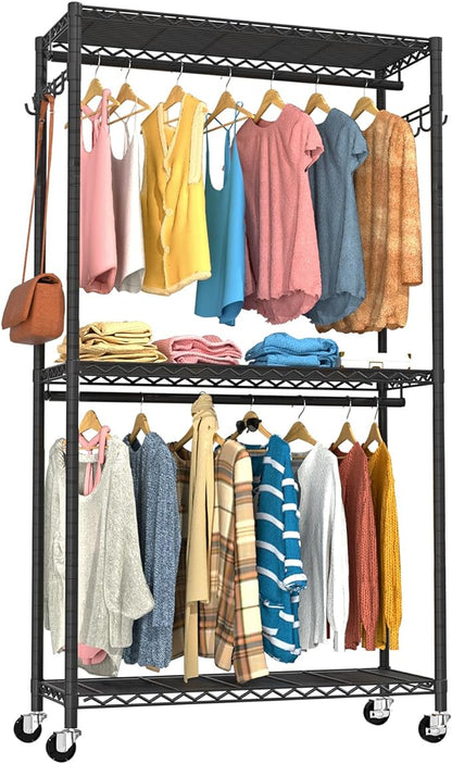 Clothes Rack, Clothing Racks for Hanging Clothes, 3 Tiers Adjustable Garment Rack with Wheels | Double Rods | Side Hooks | Heavy Duty | Load 445lbs | 15.7" D x 35.43" W x 78.34" H | Black