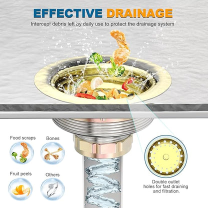 BOTEMY Stainless Steel Gold Sink Drain Strainer Kit 3-1/2 inch Kitchen Drain Assembly with Metal Center Knob Basket Stopper Replacement for Standard Kitchen Sinks