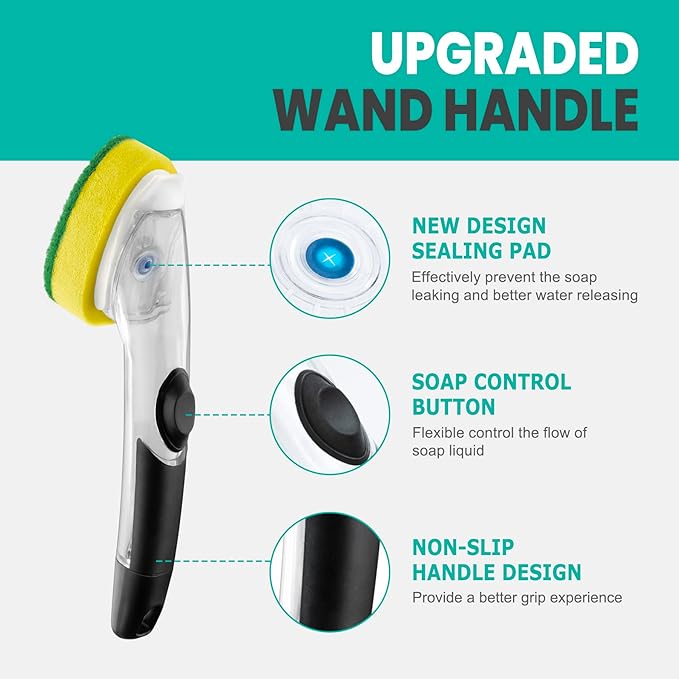 Heavy Duty Dishwand with Refills, Dish Wand Replacement Sponge Heads with Handle, Soap Control Dispenser Leak-Free Scrub, Non-Scratch Advanced Scrubber Brush Pads for Cleaning Dishes Sink Washing Tool