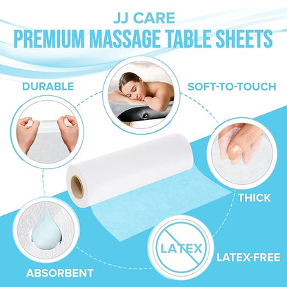 JJ CARE Disposable Massage Table Sheets - 100 Sheets [31.5" x 328 ft, 2 Roll] - 50% Thicker Perforated Massage Bed Cover, Non-Woven Disposable Roll for Massage Table for Waxing, Facial, Tattoo, & Spa