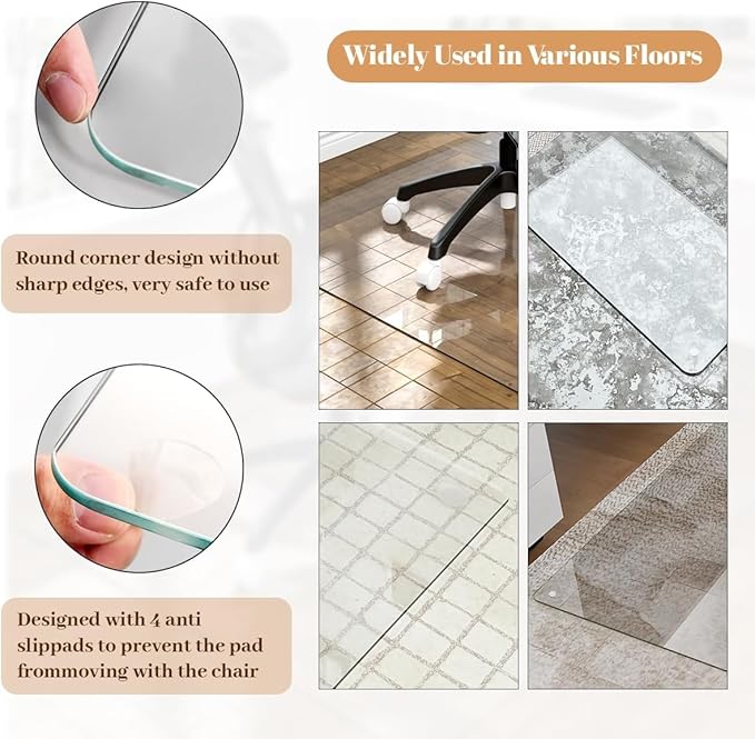 [Tempered Glass] 36" x 55" Glass Chair Mat, Heavy Duty Hard Floor Mat with Round Corner and Polished Edge, Office Chair Mat for Carpet Office Home Hardwood Floor Desk