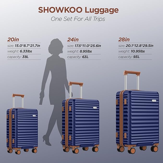 SHOWKOO Luggage Sets 3 Piece Hardside Expandable Suitcase with Double Spinner Wheels Tsa Lock Blue (20in/24in/28in)