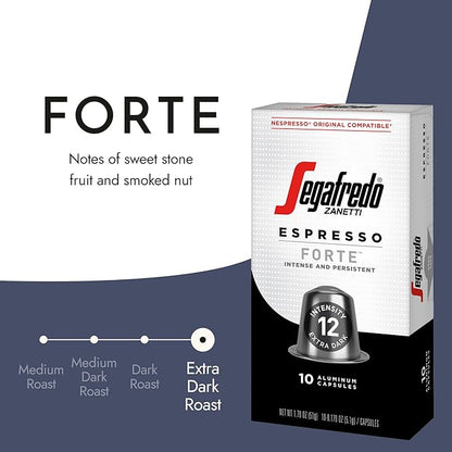 Segafredo Zanetti Espresso Capsules – Aluminum Pods for Nespresso Original Machines – Extra Dark Roast Premium Espresso with a Bold Aroma – Smoky, Intensity 12 – Forte, 10 Count (Pack of 4)