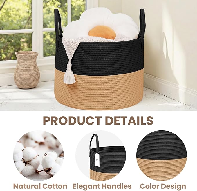 Woven Blanket Basket,115L Large Rope Storage Bin with Handles, Organizer for Blankets Toys Book and Clothes, Laundry Basket for Living Room Bedroom Nursery,Black&Jute