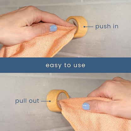 S&T INC. Round Adhesive Push Towel Hooks for Kitchen, Hand and Dish Towels, Plastic, Bamboo, 4 Pack