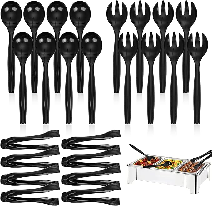 Supernal 36pcs Serving Utensils,Black Plastic Serving Utensils,Disposable Serving Utensils Set Include 9.75"Serving Spoons 9.75"Serving Forks 6.3"Plastic Serving Tongs for 12 Guests