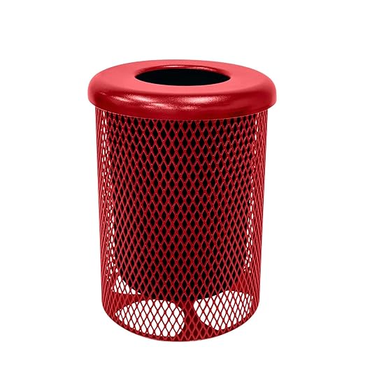 COATEDOUTDOORFURNITURE RFT-TXTRED Heavy Duty Round Trash Receptacle with Flat Top, Liner Included, 32 Gallon, Textured Red, Made in America