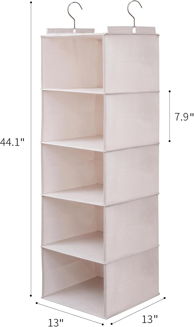 Large Hanging Sweater Organizer for Closet,Collapsible 6-Shelf Hanging Closet Shelves with Drawers, Washable (Beige -5 Shelf-1 d)