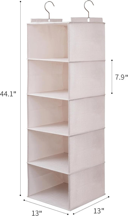 Large Hanging Sweater Organizer for Closet,Collapsible 6-Shelf Hanging Closet Shelves with Drawers, Washable (Beige -5 Shelf-1 d)