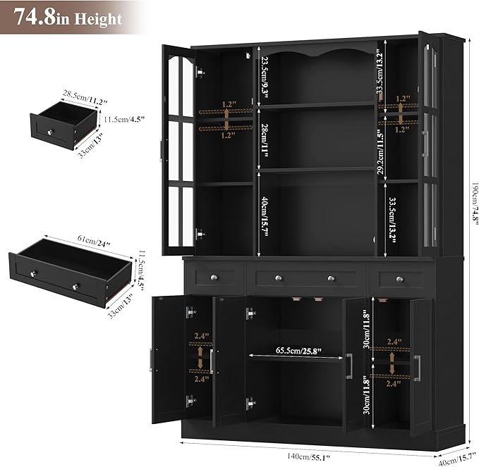 Keyluv 74.8" H Tall Pantry Cabinet with Microwave Stand and 3 Drawers, Large Kitchen Hutch Storage Cabinet with Glass Door and Adjustable Shelves for Kitchen, Dining Room, Living Room, Black
