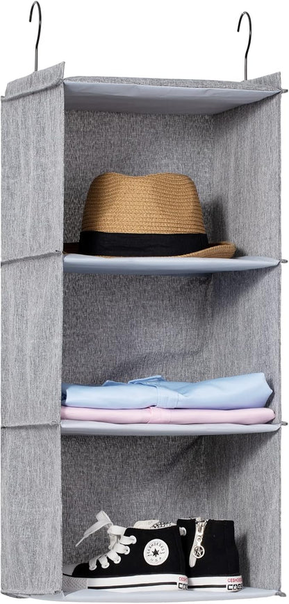 Hanging Closet Organizer, Easy Mount Collapsible 3-Shelf Camper Closet Wardrobe Hanging Storage Shelves, Folded Clothes Towels Handbag Shoes Accessories Storage, Linen Cloth, Gray