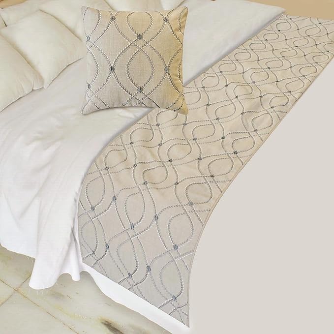 The HomeCentric Beige Bed Runner for King/Queen/Twin Cotton Linen Decorative Bed Scarf 53"x18" Bed Runner Without Pillow Cover, Geometric Bed Scarf Bedroom Décor Accent - Broderie Belle