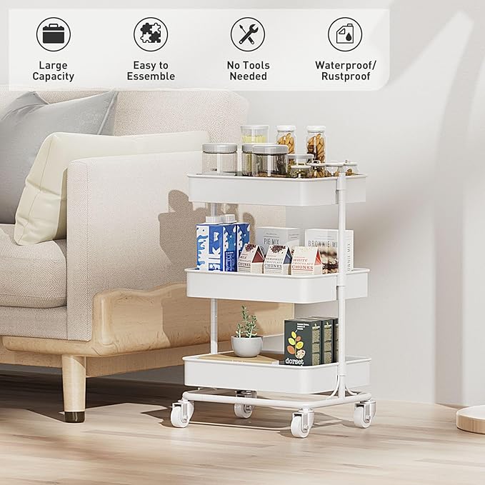 3-Tier Modern Metal Rolling Utility Cart with Silent Casters, 15.35x11.81x23.74 inch Heavy Duty Organizing Cart Trolley Organizer for Office, Living Room, Kitchen，(White)