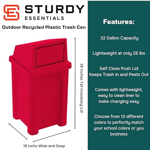 32 Gallon Square 100% Recycled Plastic Heavy Duty Outdoor Trash Can with Push Lid - Great for Schools and Businesses - Red