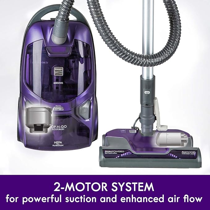 Kenmore 600 Series Pet Friendly Lightweight Bagged Canister Vacuum with Pet PowerMate, Pop-N-Go Brush, 2 Motors, HEPA Filter, Aluminum Telescoping Wand, Retractable Cord and 4 Cleaning Tools, Purple