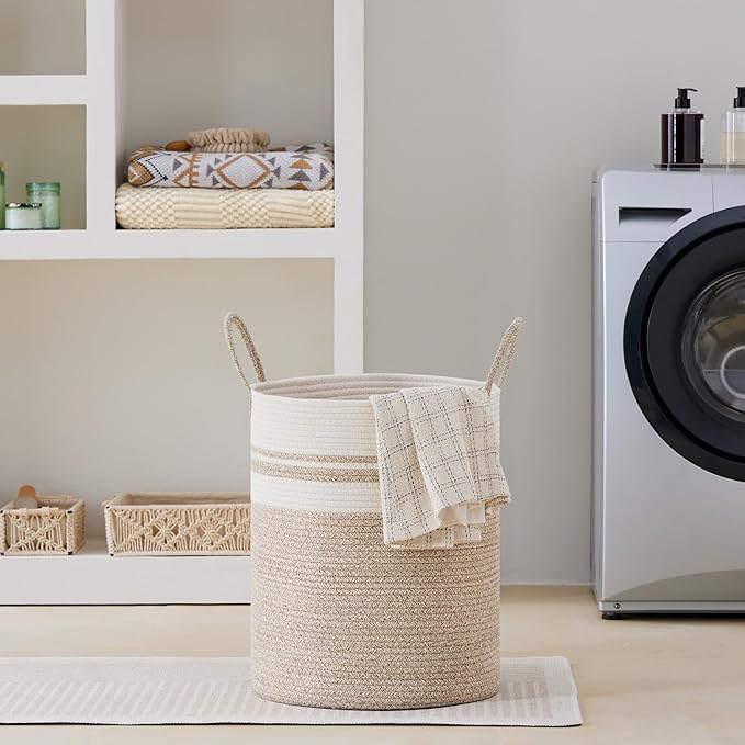 VIPOSCO Large Laundry Hamper, Tall Woven Rope Storage Basket for Blanket, Toys, Dirty Clothes in Living Room, Bathroom, Bedroom - 53L Brown & White