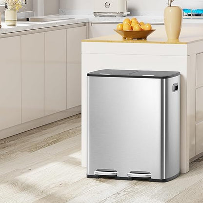 KUK 60 Liter / 16 Gallon Dual Trash Can with Lid, Stainless Steel Kitchen Step Garbage Can, 2 x 8 Gal Double Compartment Classified Rubbish Bin with 2 Plastic Inner Buckets Silver