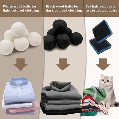 Daily Treasures 2.75"Wool Dryer Balls 12 Pack-Organic Wool Laundry Balls for Dryer,Natural Fabric Softener for Sensitive Skin,Reusable Laundry Dryer Balls Reduce Wrinkles&Drying Time(White & Black)
