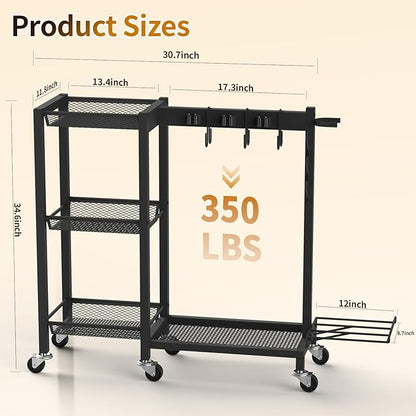 Cleaning Supplies Organizer with Broom Holder Load 350 LBS Cleaning Cart with Wheels Broom Closet Storage with 3-Tier Shelves, 6 Mop Hanger Grippers, 3 Double-Hooks, Vacuum Stand for Laundry Garage