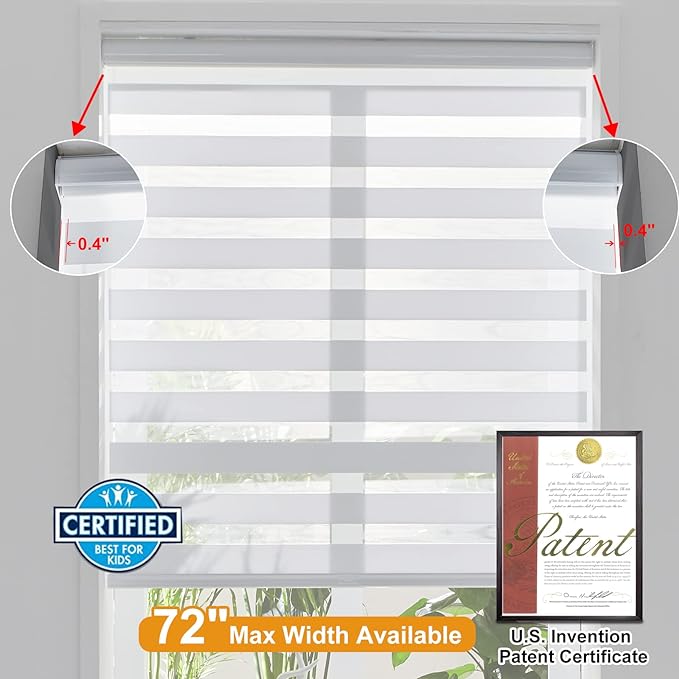Persilux Cordless Zebra Roller Window Shades Free-Stop Roller Blinds (46" W X 47" H, White) Light Control for Day and Night, Light Filtering Sheer Roler Shades for Windows, Easy to Install