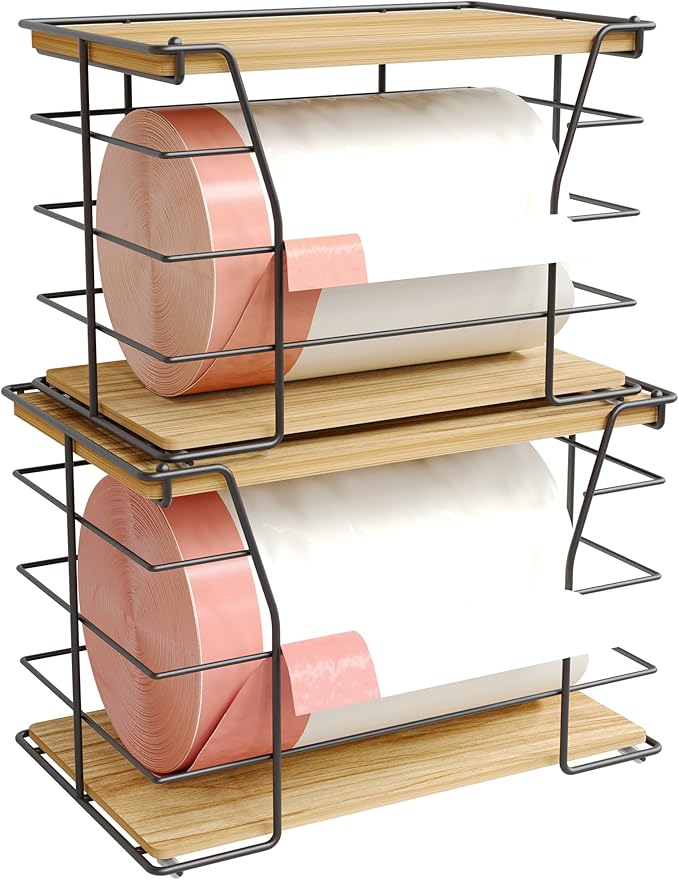 2 Pack Trash Bag Holder/Dispenser, Stackable Storage Laundry Kitchen Organizers for Countertop Organization, Wall Mount Garbage Bag Dispenser with wooden Top, No Drill
