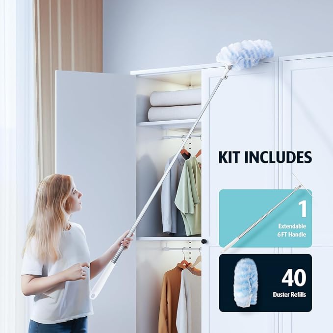 6ft Extendable Duster Handle with 40 Pcs, Compatible with Swiffer Duster, Disposable Microfiber Dusting Pads for Home Cleaning, Ceiling, Fan, Window, Hard-to-Reach Areas