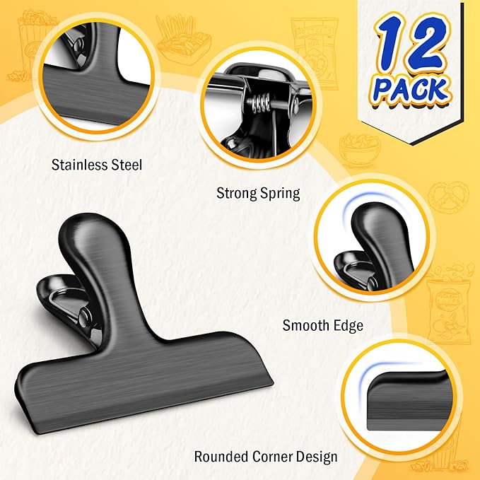 VNDUEEY 12 Pack Stainless Steel Chip Clips, Bag Clips for Food, Heavy Duty Chip Clip for Kitchen and Office to Seal Coffee Bags, Paper Sheets, Metal Clip Air Tight Seal-3 Inches, Black