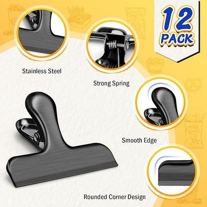 VNDUEEY 12 Pack Stainless Steel Chip Clips, Bag Clips for Food, Heavy Duty Chip Clip for Kitchen and Office to Seal Coffee Bags, Paper Sheets, Metal Clip Air Tight Seal-3 Inches, Black