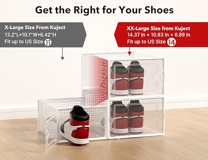 Kuject XX-Large Shoe Storage Boxes Organizers Clear Plastic Stackable 12 Pack, Shoe Rack & Holder Substitute, Sneaker Containers, Toy Storage Organizer Bins for Entryway, Closet, Under Bed, White