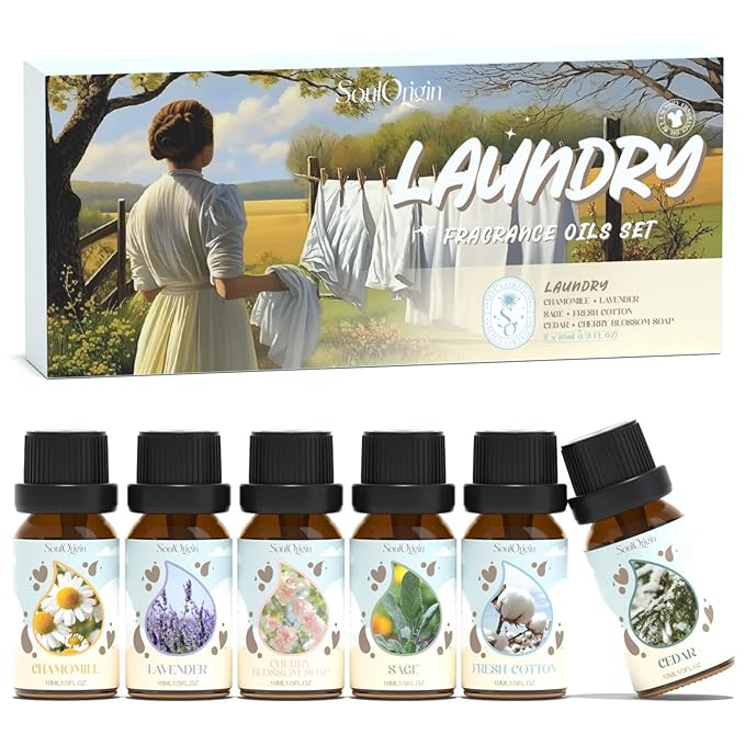 Laundry Fragrance Oils Set, Essential Oil for Diffuser, Aromatherapy Gift, Clean Scent Diffuser Oil, Use with Wool Dryer Balls,Chamomile, Fresh Cotton, Sage, Cedar, Lavender, Cherry Soap