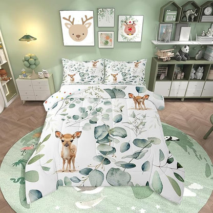 Erosebridal Cartoon Deer Queen Comforter Set Toddler Woodland Wildlife Bedding Set Queen, Plant Bedding Comforter Sets Eucalyptus Leaf Duvet Set, Jungle Animal Theme Quilted Comforter Kids Room Decor