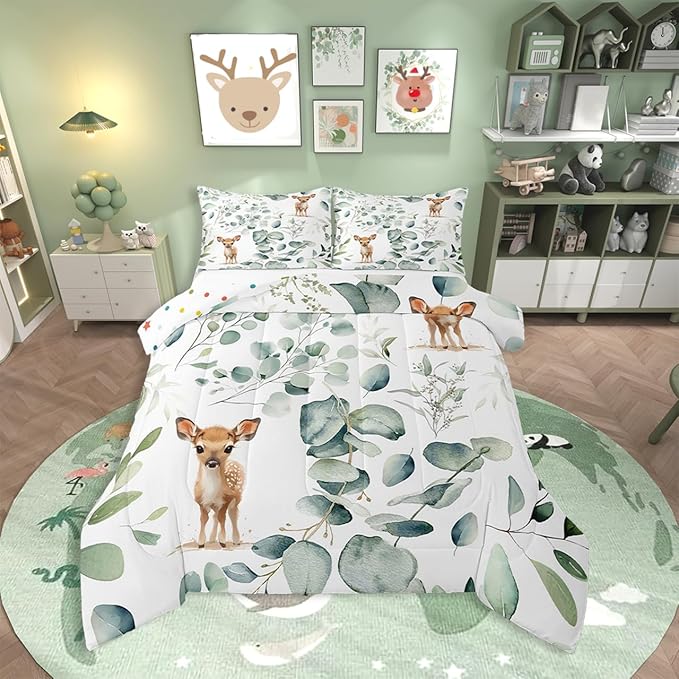 Erosebridal Cartoon Deer King Bedding Sets Toddler Woodland Wildlife Comforter Set, Spring Plant Duvet Insert Eucalyptus Leaf Down Comforter, Jungle Animal Theme Bedding Comforter Sets Kids Room Decor