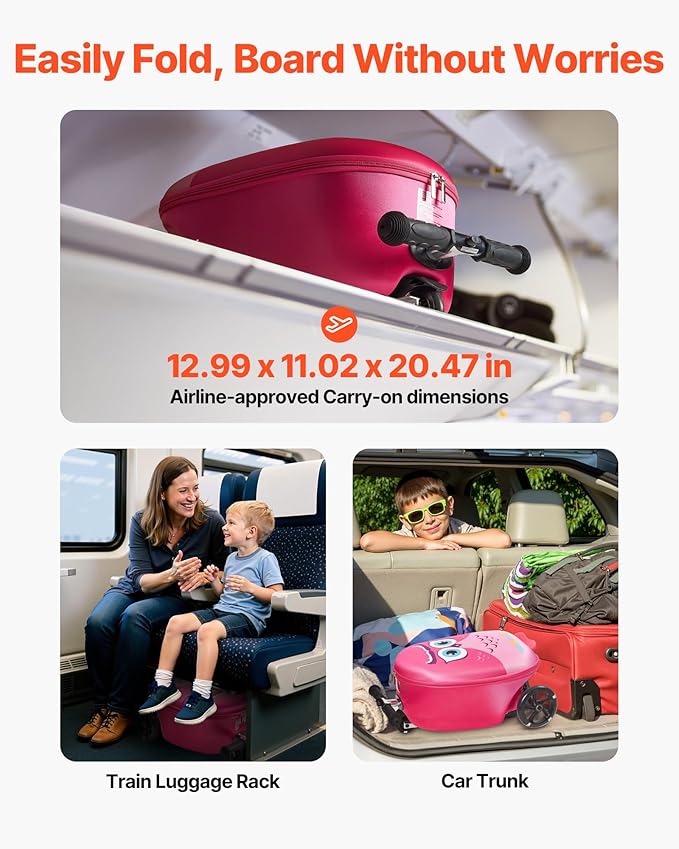 VEVOR Ride-on Luggage, 20 L Capacity, 20 Inches Kids Scooter Suitcase with Flash PU Wheels, Adjustable Handle & TPR Non-Slip Grip, Foldable & Lightweight Scooter Luggage for Kids Aged 5+, Pink