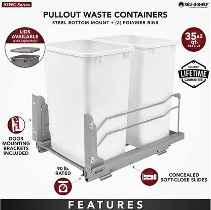 Rev-A-Shelf Double Trash Can Under Kitchen Cabinets Pullout, 35 Quart 8.75 Gallon with Soft-Close Slides, White, 53WC-1835SCDM-211