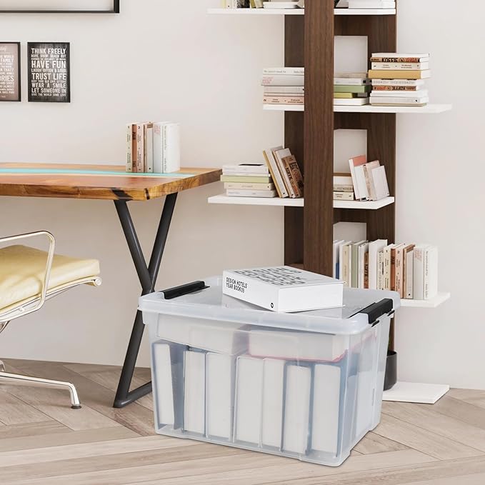 34 L Clear Plastic Storage Bins Box with Lid, Stackable Lidded Storage Bin Container with Wheels and Secure Latching Buckles, 4 Packs