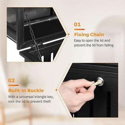 BEAMNOVA Trash Can Outdoor Top Tray Matte Black Stainless Steel Commercial Garbage Enclosure with Locking Lid Heavy Duty Industrial Yard Garage Waste Container, 35.5 * 15.8 * 15.8 in