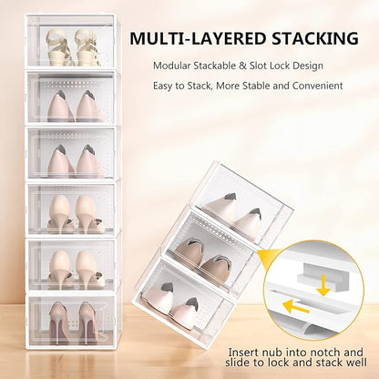 Secret Space 12 Pack XX Large Shoe Organizer Storage Boxes for Closet, Modular Space Saving Shoe Boxes Clear Plastic Stackable Sneaker Containers Display Case with Lids, Pearl White03
