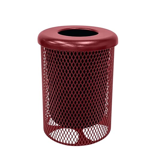 COATEDOUTDOORFURNITURE RFT-BUR Heavy Duty 32 Gallon Round Trash Receptacle, Liner Included, Burgundy with Black Flat Top, Made in America