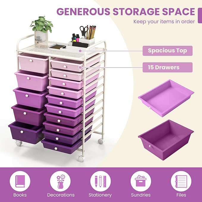 GOFLAME 15-Drawer Rolling Storage Cart, Multipurpose Movable Organizer Cart, Utility Cart for Home, Office, School, Purple Gradient