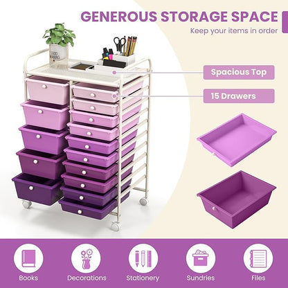 GOFLAME 15-Drawer Rolling Storage Cart, Multipurpose Movable Organizer Cart, Utility Cart for Home, Office, School, Purple Gradient