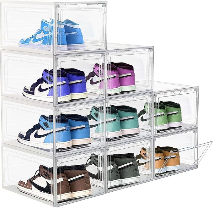 9 Pack Thicken Shoe Organizer Stackable Upgraded Sturdy Transparent Shoe Storage Box with Magnetic Door Sneaker Hats Display Case Fit Up to US Size 12, Clear