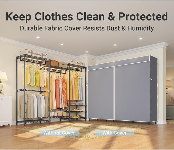 VIPEK V5LC Garment Rack Heavy Duty Covered Clothes Rack with Dimmable LED Lights, 3000K Warm White, Portable Closet Wardrobe Freestanding Clothing Rack for Hanging Clothes, Black Rack with Grey Cover